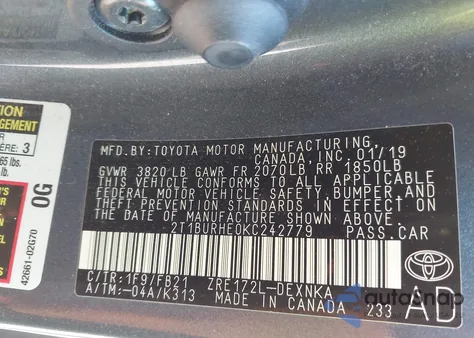 2019 Toyota Corolla Le z USA, uszkodzony, nr VIN 2T1BURHE0KC242779